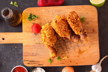 
Delicious homemade crispy fried chicken with sauces on black marble background