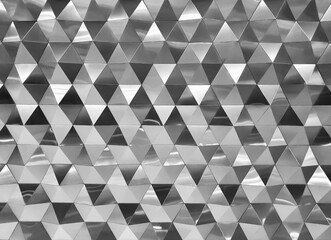 image of low relief 3D triangle interior wall in silver and grey color background. abstract luxury and technology concept background.
