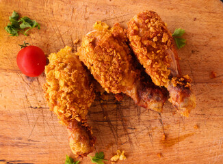 
Delicious homemade crispy fried chicken with sauces on black marble background