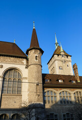 Fototapeta na wymiar View from railway station towards Swiss National museum (Landesmuseum) Zurich, Switzerland