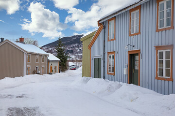 Winter in the town along the river Vefsna in northern Norway