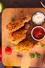 
Delicious homemade crispy fried chicken with sauces on black marble background