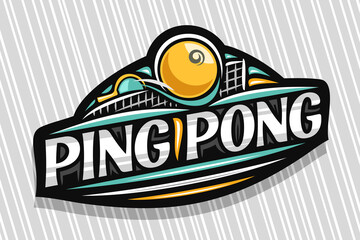 Vector logo for Ping Pong Sport, dark modern emblem with illustration of flying ball in goal, unique lettering for grey words ping pong, sports sign with decorative flourishes and trendy line art.