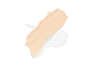 Color corrector strokes isolated on white background. Beige and white colour correcting cream concealer smudge smear swatch sample. Makeup foundation creamy texture