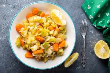Turkish Cuisine. Leek with Olive Oil / Zeytinyagli Pirasa. Turkish Braised Leeks and Carrots In Olive Oil. Top view.
