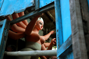 Kumartuli, Kolkata in West Bengal, India on 23rd August, 2019: Clay idol of Hindu Goddess Durga...