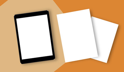 Tablet and paper on pastel orange background.top view workplace design.
