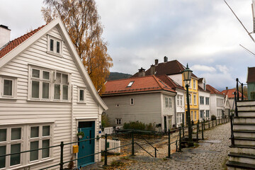 Ytre Markeveien, an old street of wooden houses in the Nordnes district, Bergen, Hordaland, Norway