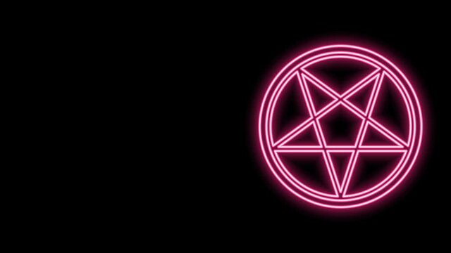 Glowing neon line Pentagram in a circle icon isolated on black background. Magic occult star symbol. 4K Video motion graphic animation