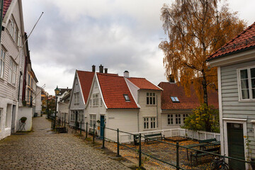 Ytre Markeveien, an old street of wooden houses in the Nordnes district, Bergen, Hordaland, Norway