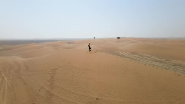 Woman with hula hoop walking on top of a sand dune ridge