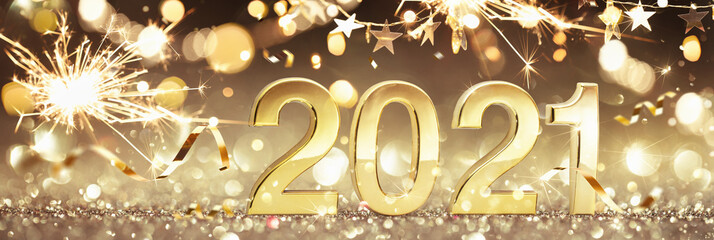 Happy New Year 2021. Golden Background with Confetti