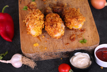 
Delicious homemade crispy fried chicken with sauces on black marble background
