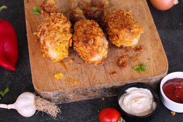Delicious homemade crispy fried chicken with sauces on black marble background