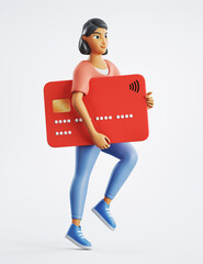 Happy Young Woman walking with big credit card