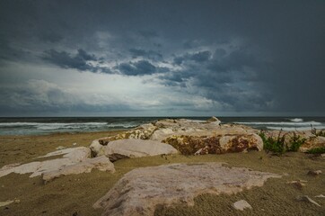 Seascape with cloudy sky and storm coming on the sea