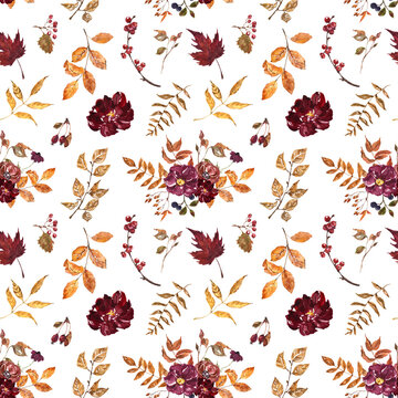 Colorful fall floral seamless pattern on white background. Watercolor red, burgundy, purple flowers, dry orange leaves, foliage, berries. Autumn botanical print. Hand painted illustration.