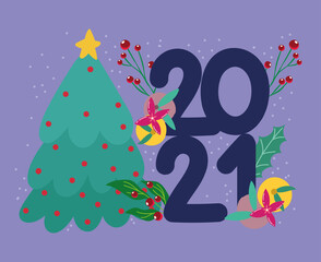 2021 happy new year, tree with fruits and leaf decorative numbers