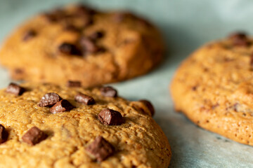 Homemade cookies on cooling tray. Cookies with chocolate on dark wooden background. Homemade Chocolate chip cookies.
