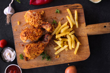 
Delicious homemade crispy fried chicken with sauces on black marble background