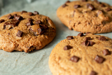 Homemade cookies on cooling tray. Cookies with chocolate on dark wooden background. Homemade Chocolate chip cookies.