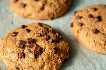 Homemade cookies on cooling tray. Cookies with chocolate on dark wooden background. Homemade Chocolate chip cookies.