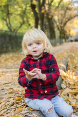 portrait of a little blonde girl on a background of autumn foliage