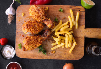 
Delicious homemade crispy fried chicken with sauces on black marble background