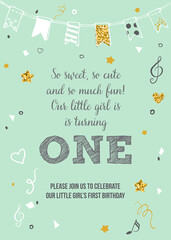 Fototapeta na wymiar Girl's First Birthday One Year Party Printable Invitation Vector Card