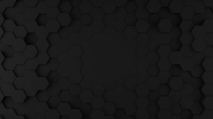 3D hexagonal abstract background black. Concept of clean futuristic dark space, basic geometry.