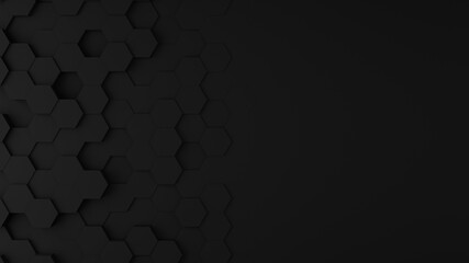 3D hexagonal abstract background black. Concept of clean futuristic dark space, basic geometry.