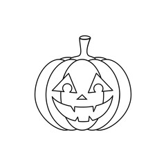 Vector line art pumpkin with smiling face in simple style. Cartoon halloween pumpkin icon. Isolated vegetable silhouette for coloring.