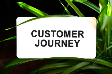 Customer journey text on white surrounded by green leaves