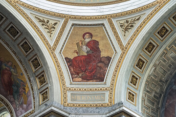 Esztergom, Hungary. Mosaic and fresco depicting Saint Jerome (Hieronymus, Jerome of Stridon), one of the Four Great Fathers of the Western Church, in Esztergom Basilica.