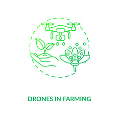 Drones in farming concept icon. City agriculture innovation ideas. Future technology in organic food creation idea thin line illustration. Vector isolated outline RGB color drawing