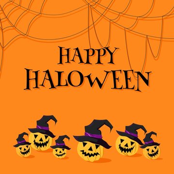 Jack Lantern pumpkin in wizard hats 
under the inscription Happy Halloween and spiderwebs. Vector images on a bright orange background with shadows.