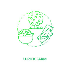 Fototapeta premium U Pick farm concept icon. Collecting vegetables and fruits with your own hands. Farming advices. Agritourism field idea thin line illustration. Vector isolated outline RGB color drawing