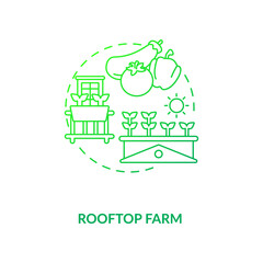 Fototapeta premium Rooftop farm concept icon. Futuristic inovative gardening options. City buildings rooftops food fields. Urban farming idea thin line illustration. Vector isolated outline RGB color drawing