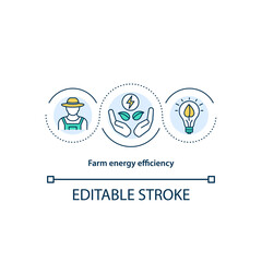 Farm energy efficiency concept icon. Alternative farming system idea thin line illustration. Agricultural practices. Renewable power. Vector isolated outline RGB color drawing. Editable stroke
