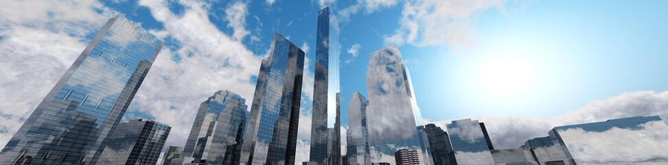 Fototapeta na wymiar City of skyscrapers against the sky, modern city at sunset with clouds, 3D rendering