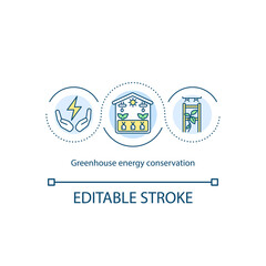 Greenhouse energy conservation concept icon. Crop growth optimization idea thin line illustration. Lighting. Temperature control. Vector isolated outline RGB color drawing. Editable stroke