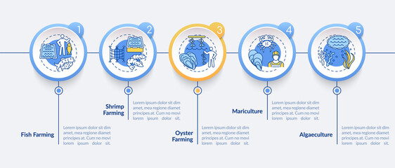 Aquaculture vector infographic template. Sea food farm types presentation design elements. Data visualization with 5 steps. Process timeline chart. Workflow layout with linear icons