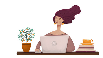 Home Office modern concept digital illustration home office quarantine metaphor, a cartoon character, girl working at home sitting at the desk with a laptop. SImple colorful illustration.