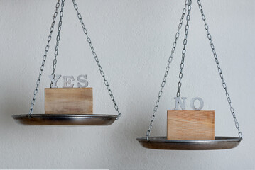 Mechanical weight scale with words Yes or No. Choice and decision concept