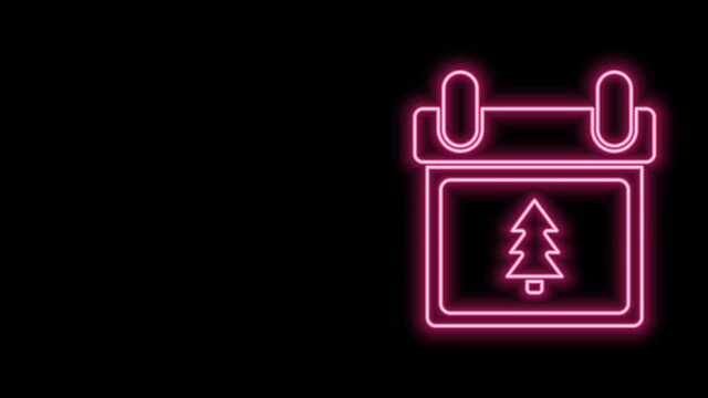 Glowing neon line Calendar with tree icon isolated on black background. Event reminder symbol. Merry Christmas and Happy New Year. 4K Video motion graphic animation