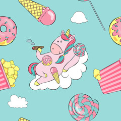 Vector pattern with unicorn and sweets - 385332084