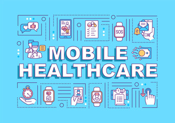 Mobile healthcare word concepts banner. Medical app for doctors, patients. Digital health. Infographics with linear icons on blue background. Isolated typography. Vector outline RGB color illustration