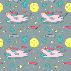 Vector pattern with space and unicorns - 385332460