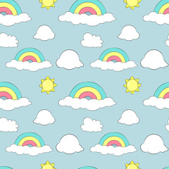 Vector pattern with clouds and rainbows - 385333021
