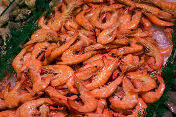Closeup of fresh shrimps stack at the supermarket